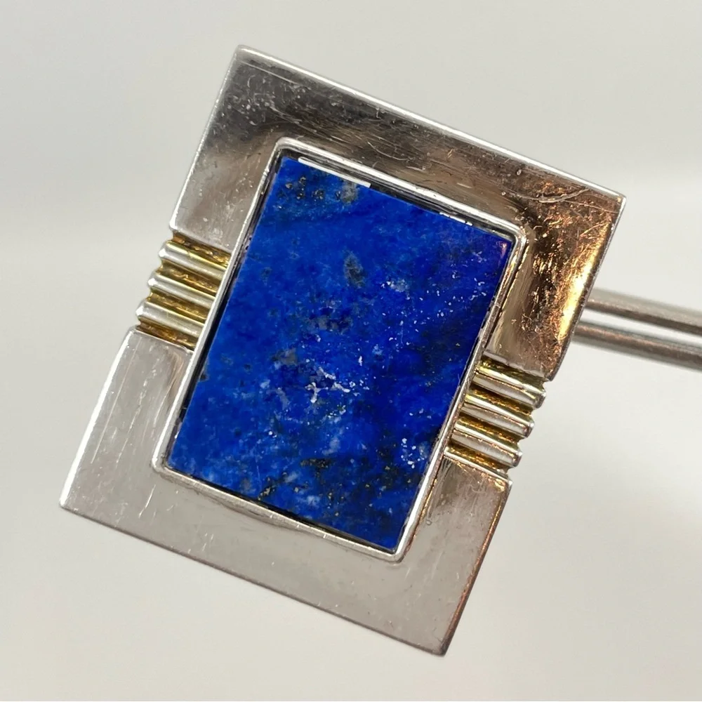 Vintage Sterling Silver Framed Lapis Lazuli Geometric Pierced Earrings Art Deco